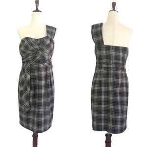 NANETTE LEPORE One Shoulder Cocktail Dress Mini  Sheath Draped Plaid Gray Size 6